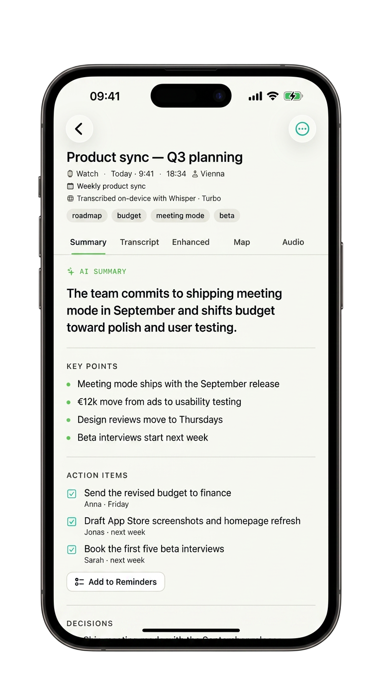 Note detail with AI summary and action items