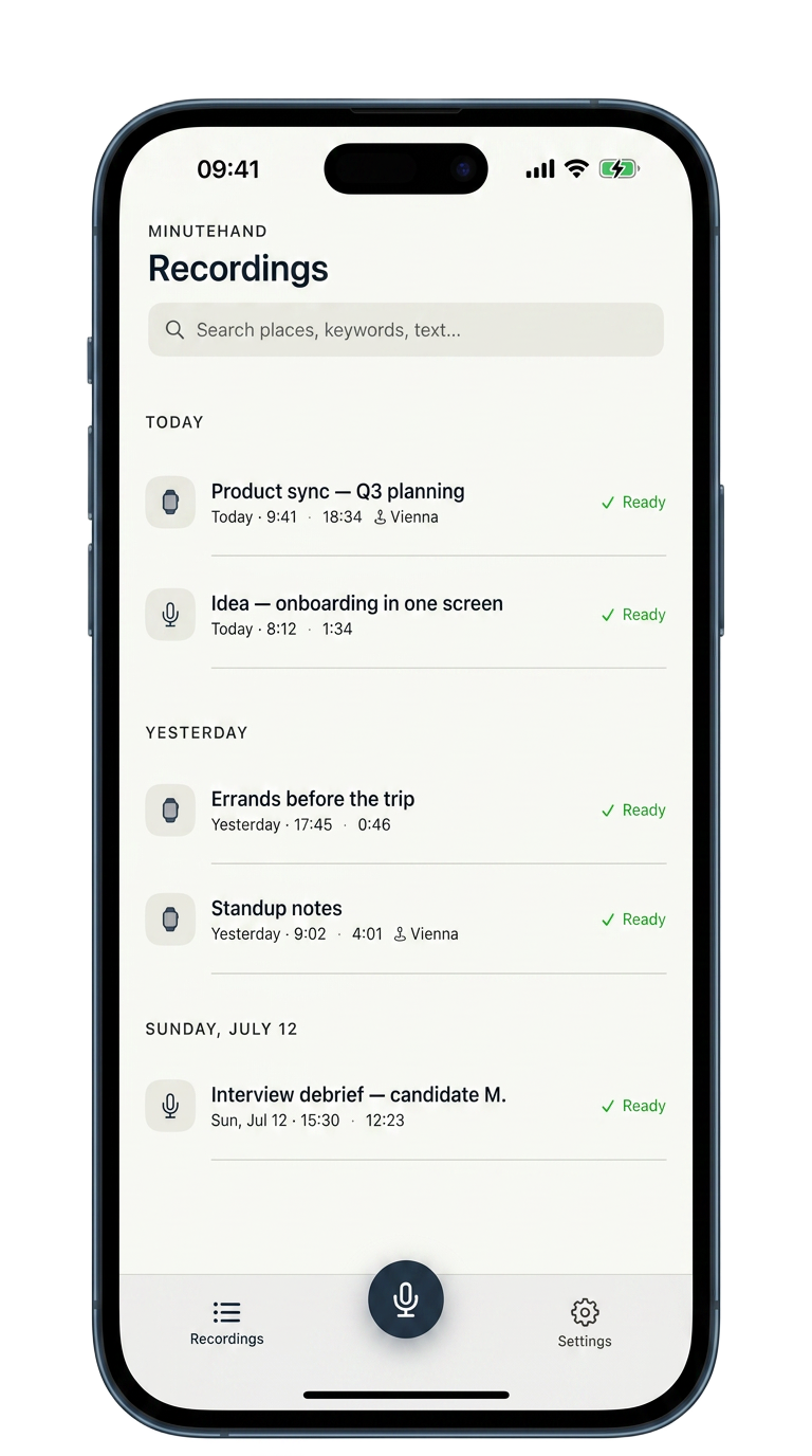 MinuteHand recordings list on iPhone